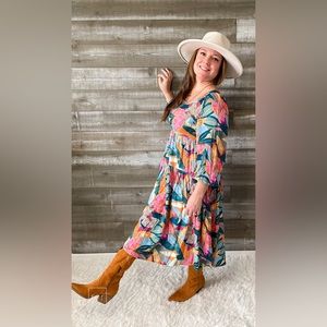 jodifl multi color midi dress smocked back long bubble sleeves H10525 teal/rust
